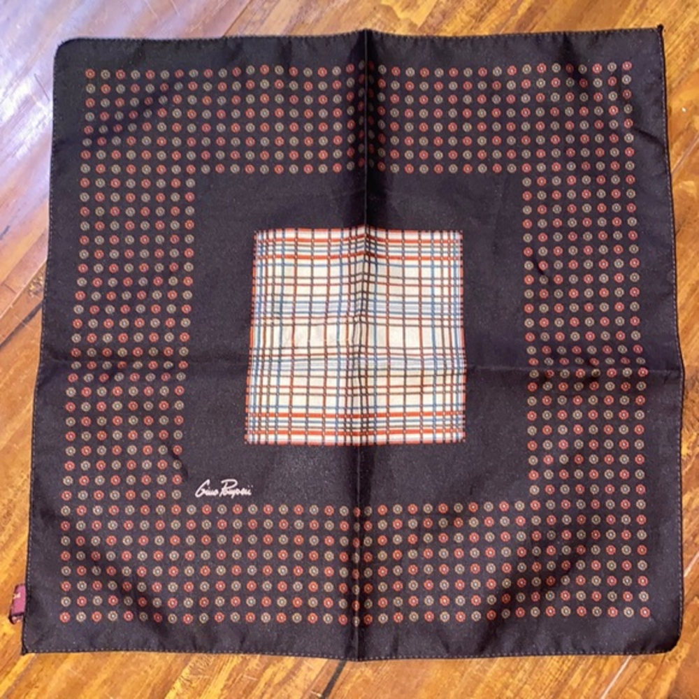 Vintage Gino Powpeii Italy Pocket‎ Scarf 13.5” Square Brown Checker Geometric